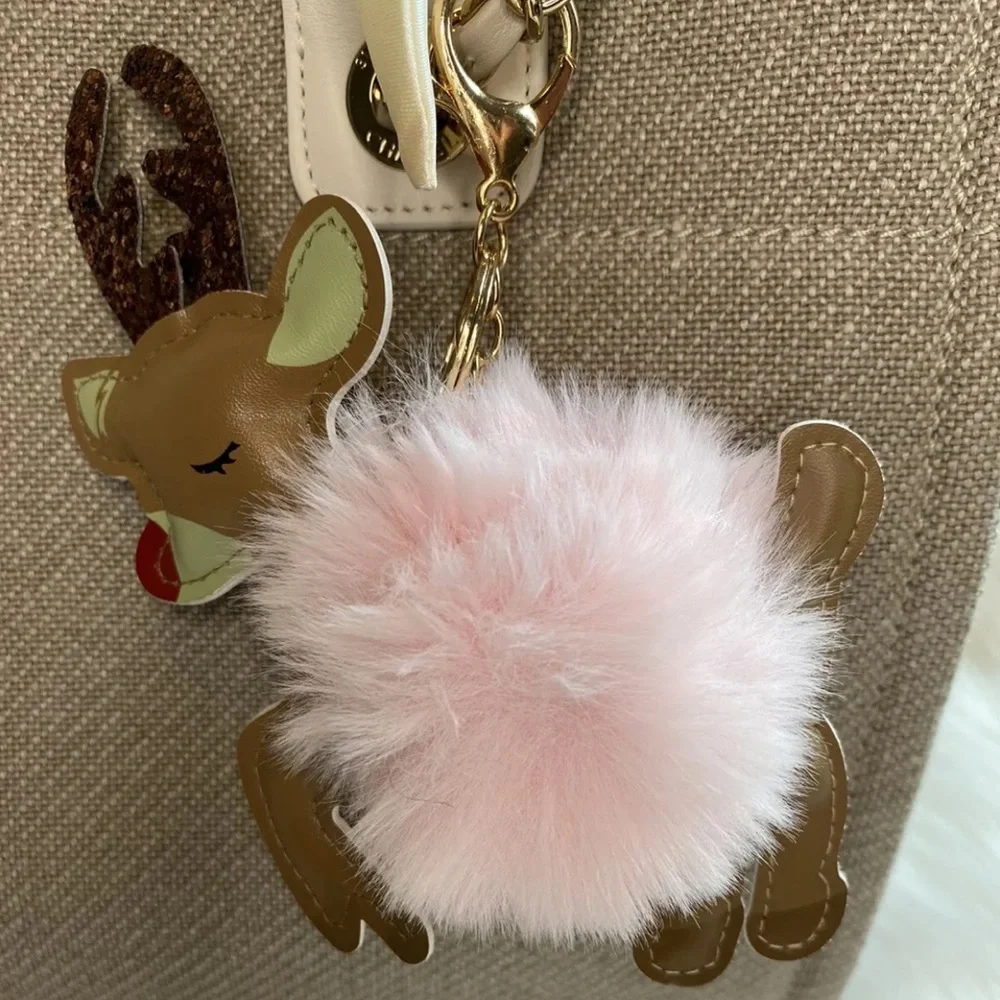 Reindeer Pom Pom keychain charm pink